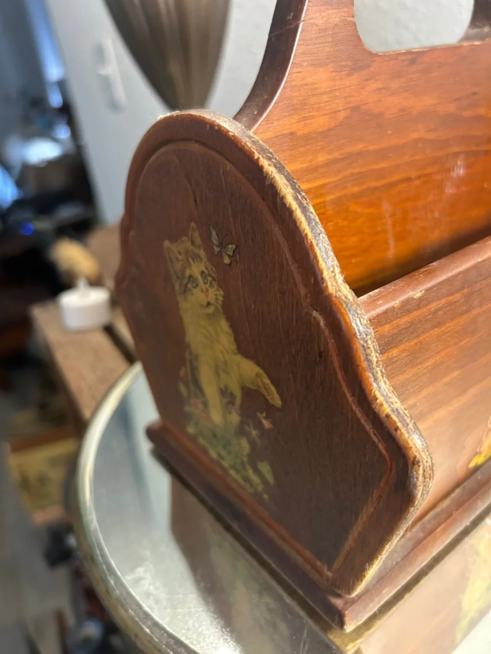 Vintage-Style Brown Wooden Cat Caddy with Yellow Kitten Decals Cute Core